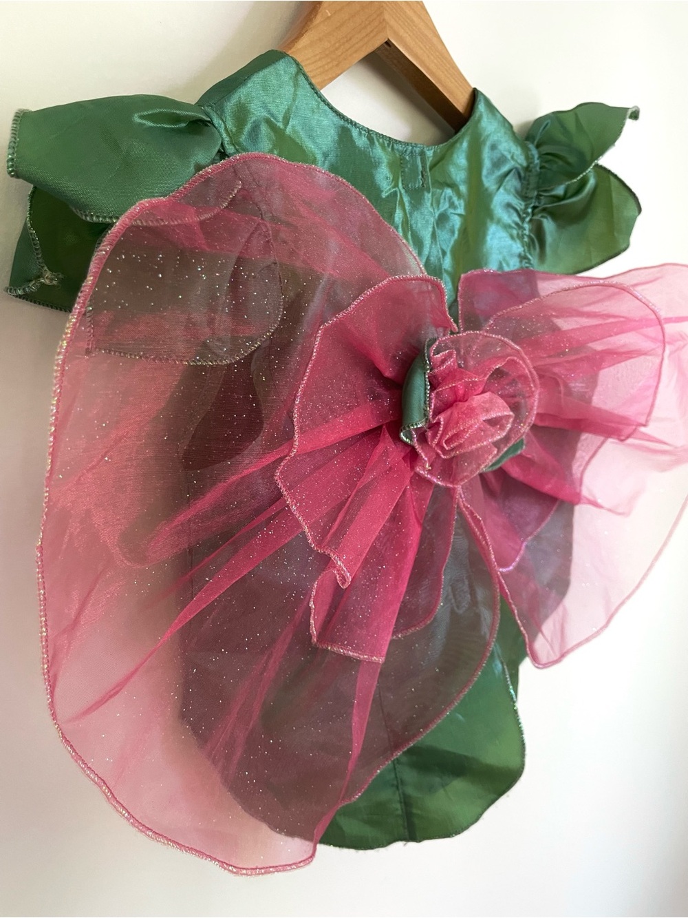 🧚 Fairy Costume Top! Glittery Chiffon Wings Sweet Rosettes, Green & Pink
